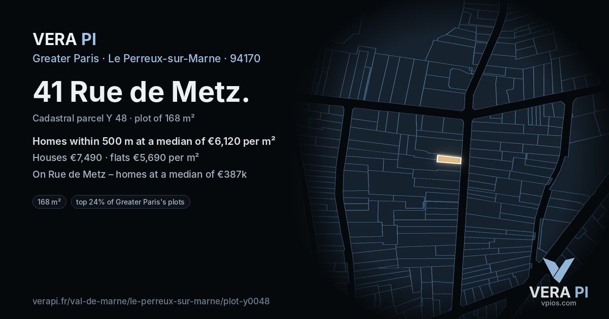 41 Rue de Metz, Le Perreux-sur-Marne at night – the plot lit, the parcels around coloured by the prices near them