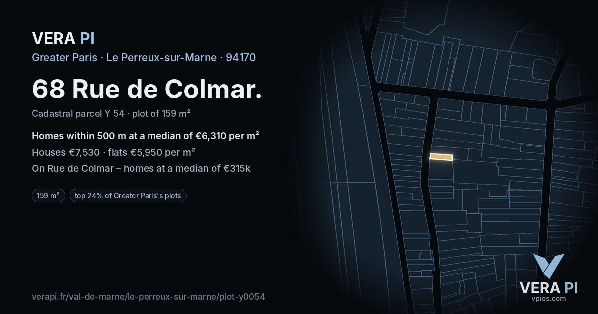 68 Rue de Colmar, Le Perreux-sur-Marne at night – the plot lit, the parcels around coloured by the prices near them