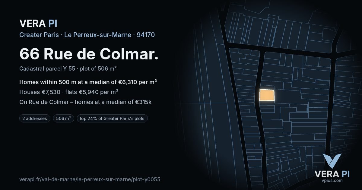 66 Rue de Colmar, Le Perreux-sur-Marne at night – the plot lit, the parcels around coloured by the prices near them