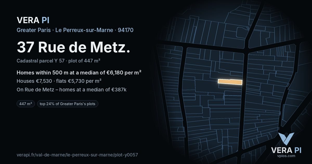 37 Rue de Metz, Le Perreux-sur-Marne at night – the plot lit, the parcels around coloured by the prices near them