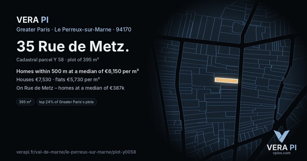 35 Rue de Metz, Le Perreux-sur-Marne at night – the plot lit, the parcels around coloured by the prices near them