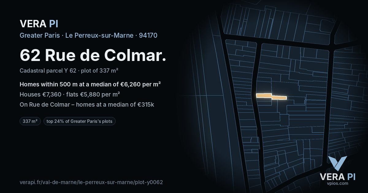62 Rue de Colmar, Le Perreux-sur-Marne at night – the plot lit, the parcels around coloured by the prices near them