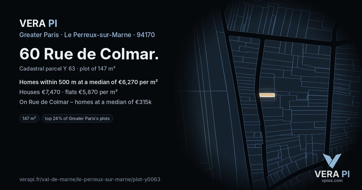 60 Rue de Colmar, Le Perreux-sur-Marne at night – the plot lit, the parcels around coloured by the prices near them