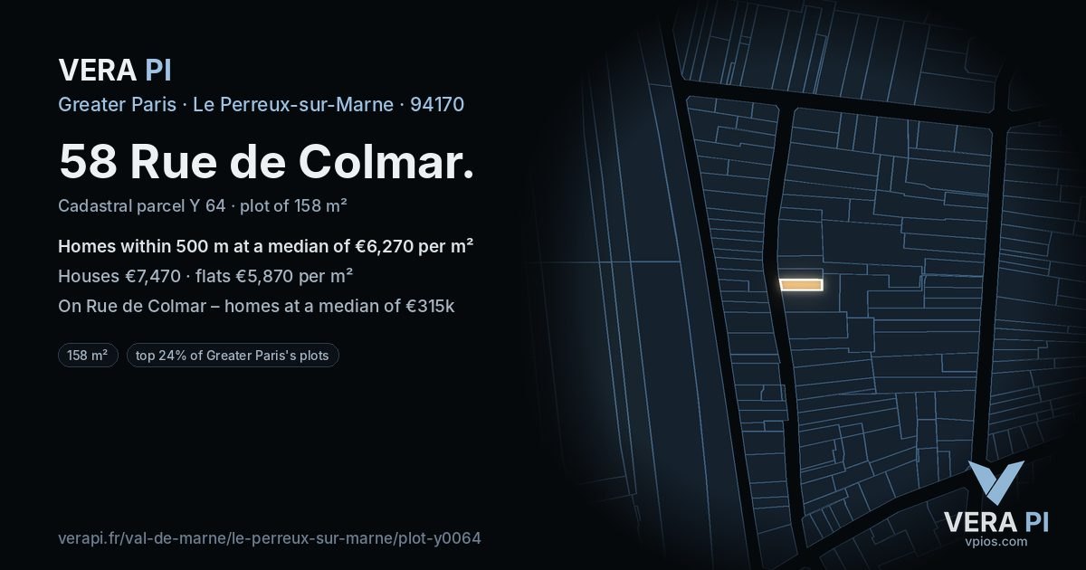58 Rue de Colmar, Le Perreux-sur-Marne at night – the plot lit, the parcels around coloured by the prices near them