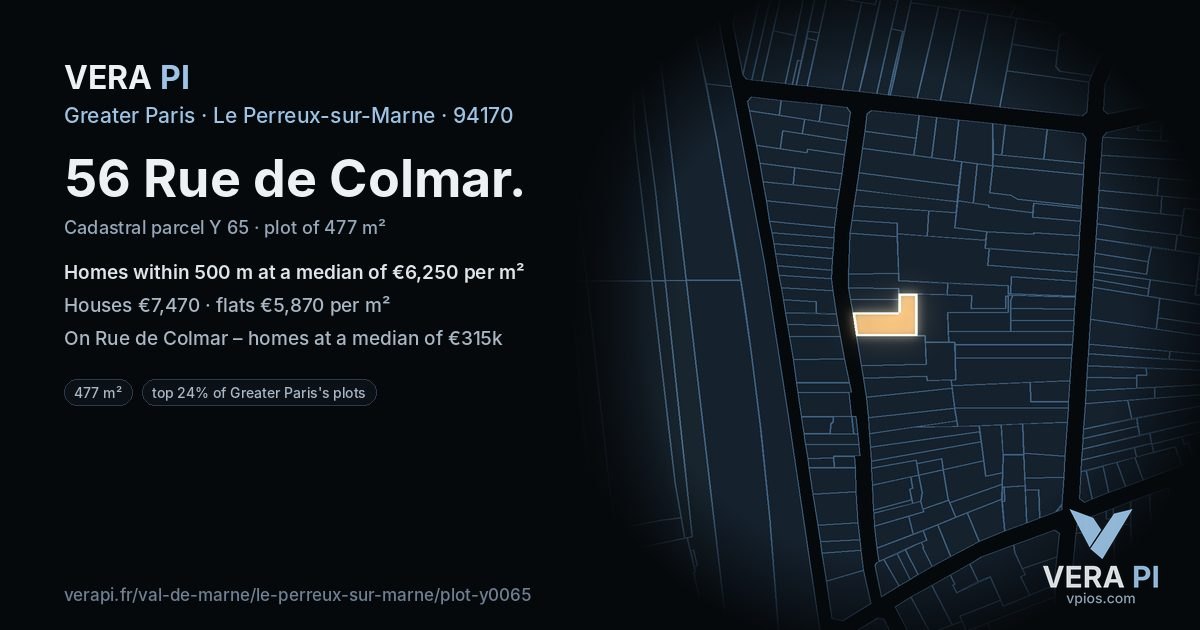 56 Rue de Colmar, Le Perreux-sur-Marne at night – the plot lit, the parcels around coloured by the prices near them