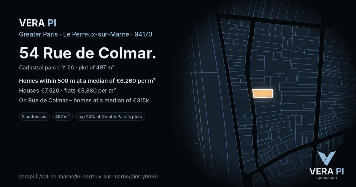 54 Rue de Colmar, Le Perreux-sur-Marne at night – the plot lit, the parcels around coloured by the prices near them