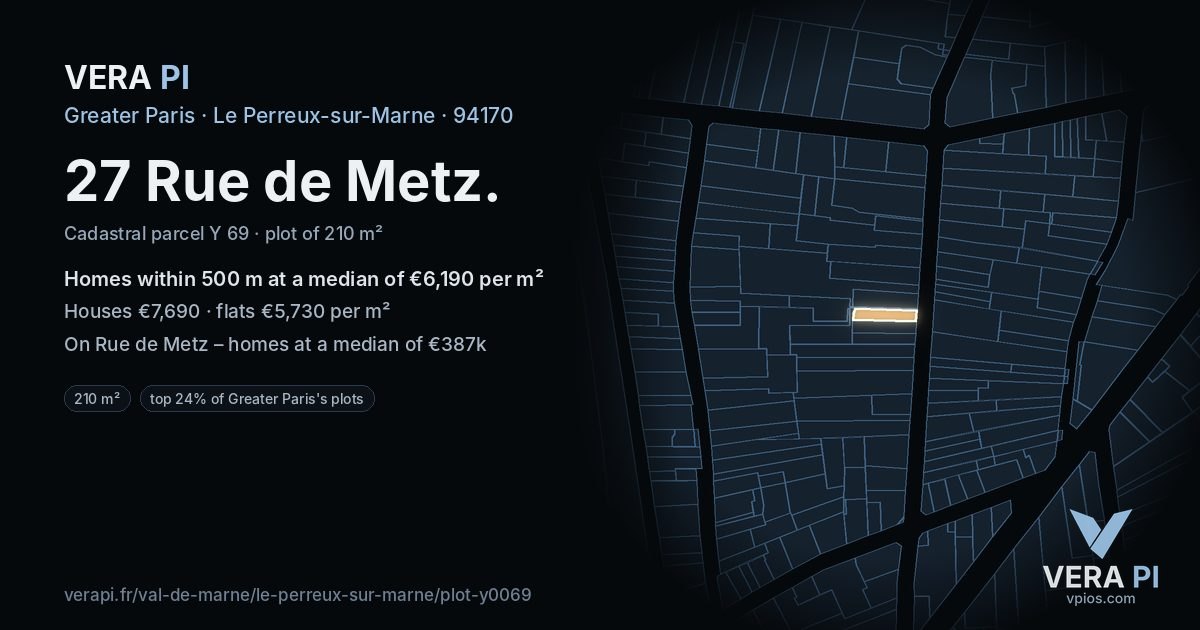 27 Rue de Metz, Le Perreux-sur-Marne at night – the plot lit, the parcels around coloured by the prices near them