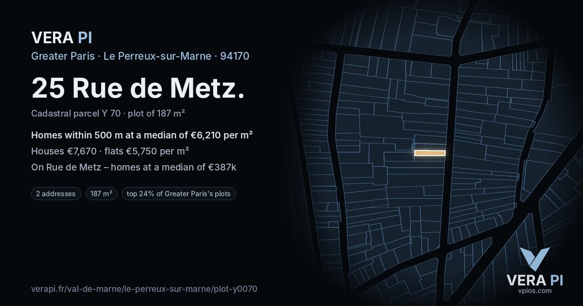 25 Rue de Metz, Le Perreux-sur-Marne at night – the plot lit, the parcels around coloured by the prices near them