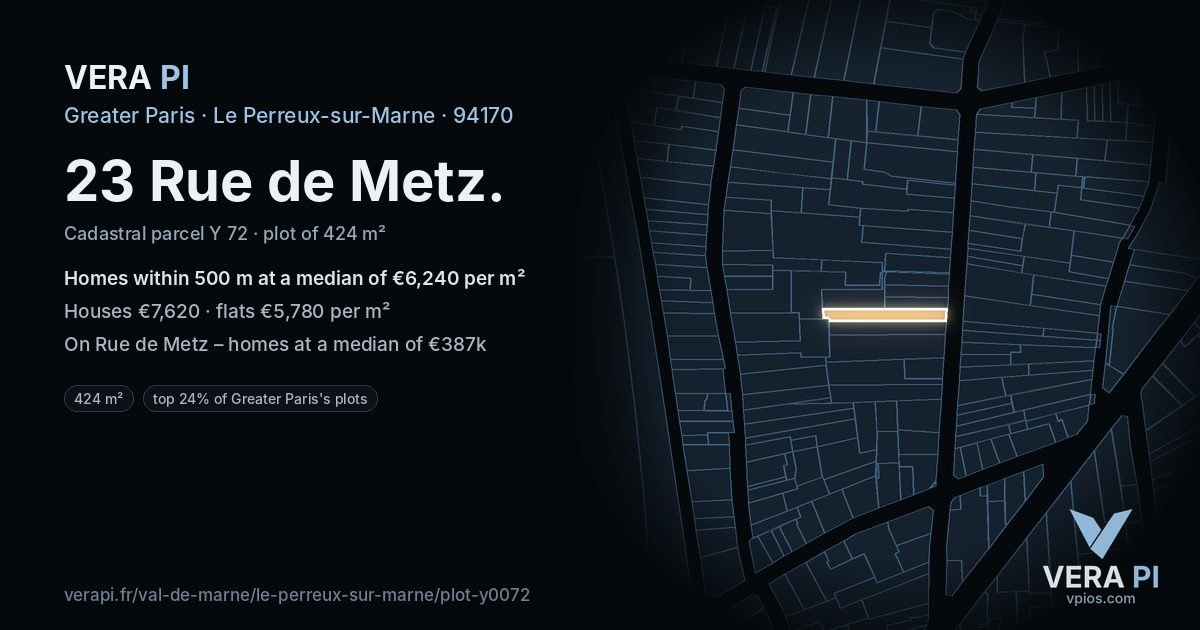 23 Rue de Metz, Le Perreux-sur-Marne at night – the plot lit, the parcels around coloured by the prices near them