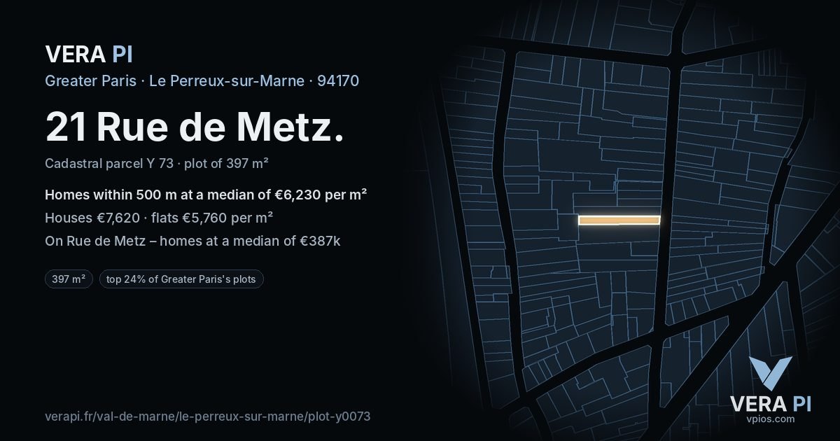 21 Rue de Metz, Le Perreux-sur-Marne at night – the plot lit, the parcels around coloured by the prices near them