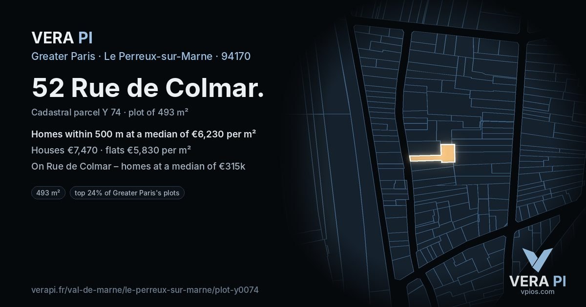 52 Rue de Colmar, Le Perreux-sur-Marne at night – the plot lit, the parcels around coloured by the prices near them