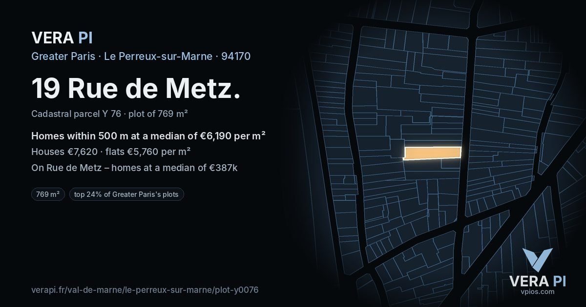 19 Rue de Metz, Le Perreux-sur-Marne at night – the plot lit, the parcels around coloured by the prices near them