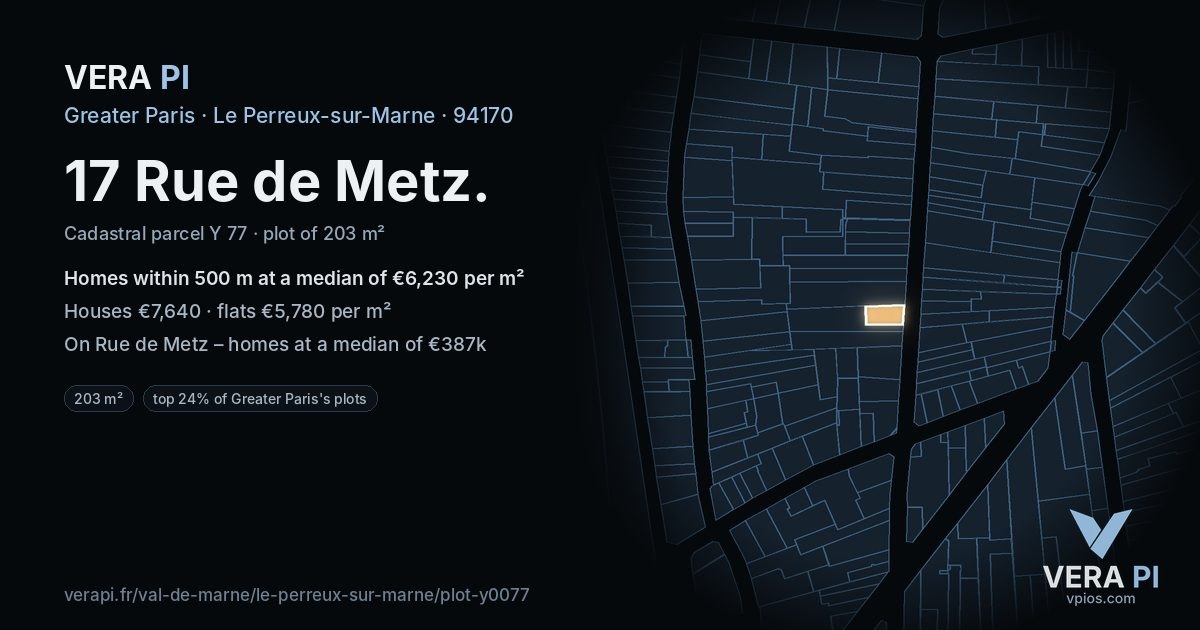 17 Rue de Metz, Le Perreux-sur-Marne at night – the plot lit, the parcels around coloured by the prices near them