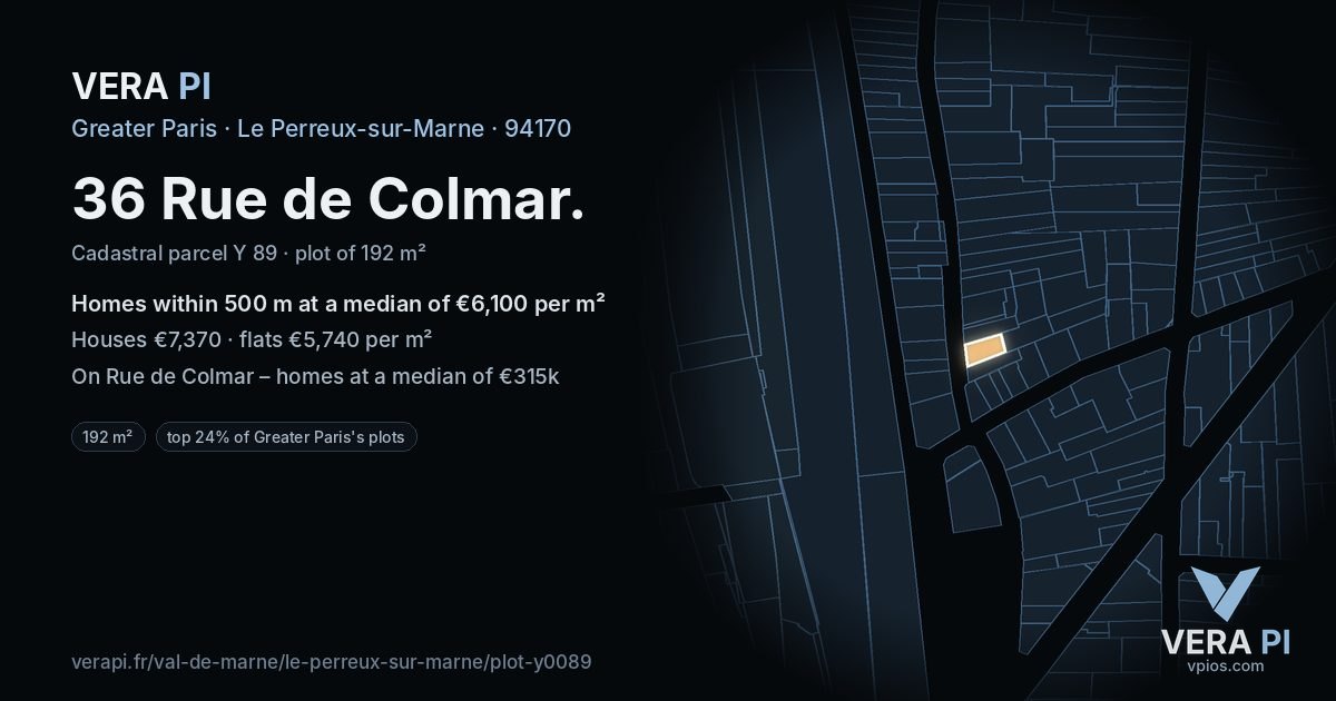 36 Rue de Colmar, Le Perreux-sur-Marne at night – the plot lit, the parcels around coloured by the prices near them