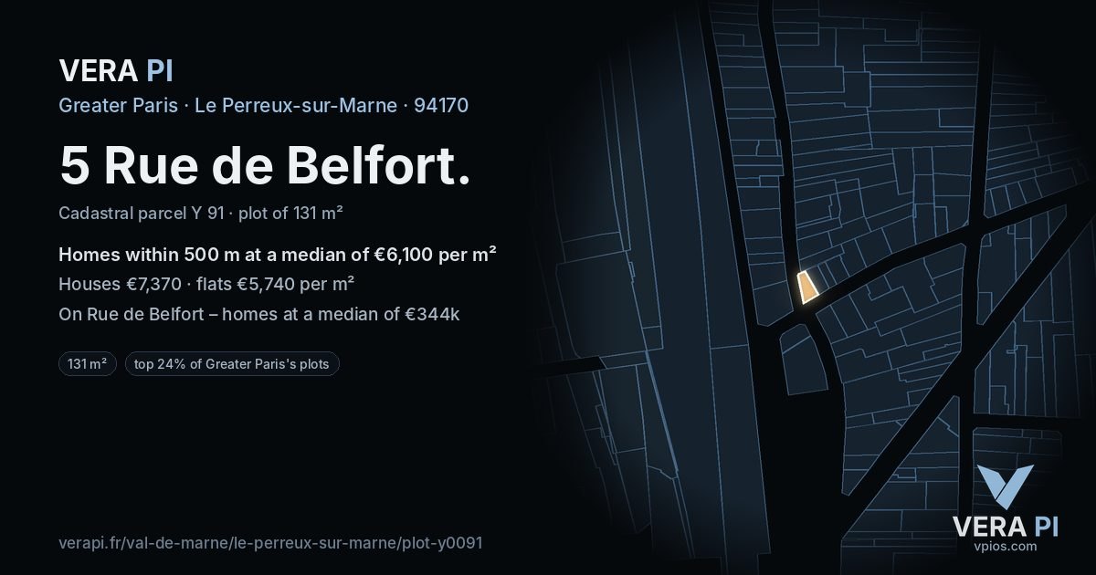 5 Rue de Belfort, Le Perreux-sur-Marne at night – the plot lit, the parcels around coloured by the prices near them