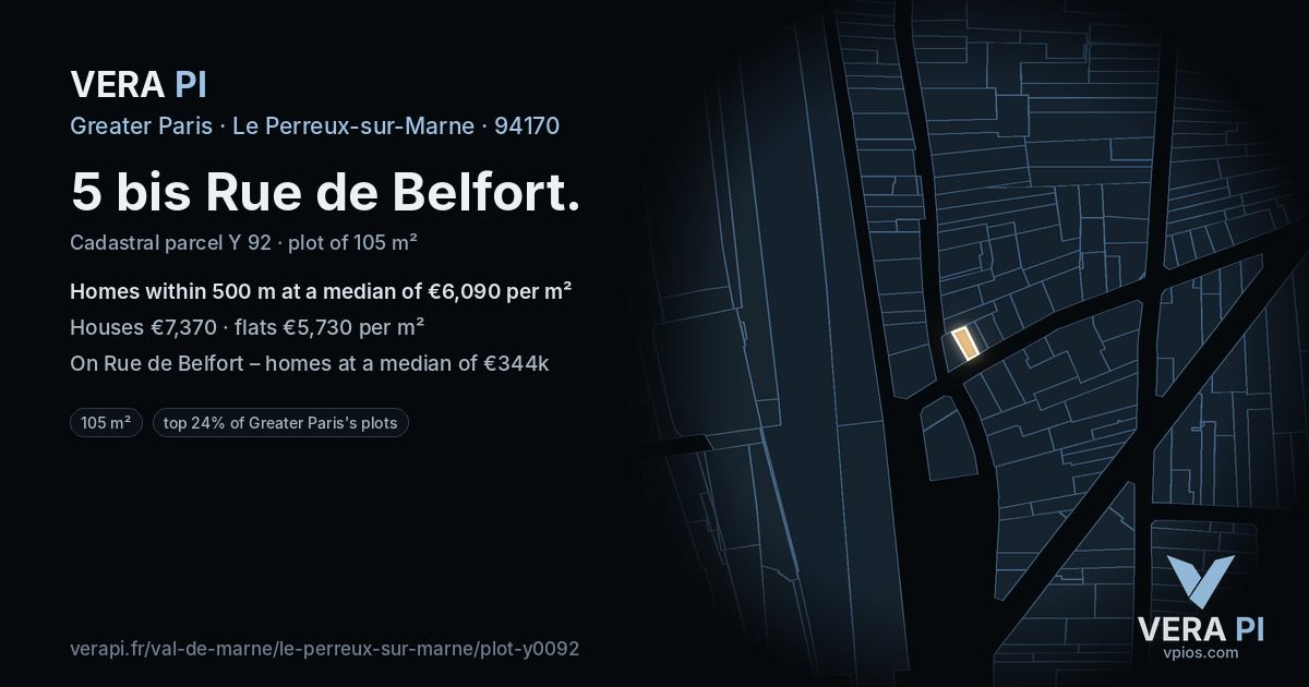 5 bis Rue de Belfort, Le Perreux-sur-Marne at night – the plot lit, the parcels around coloured by the prices near them