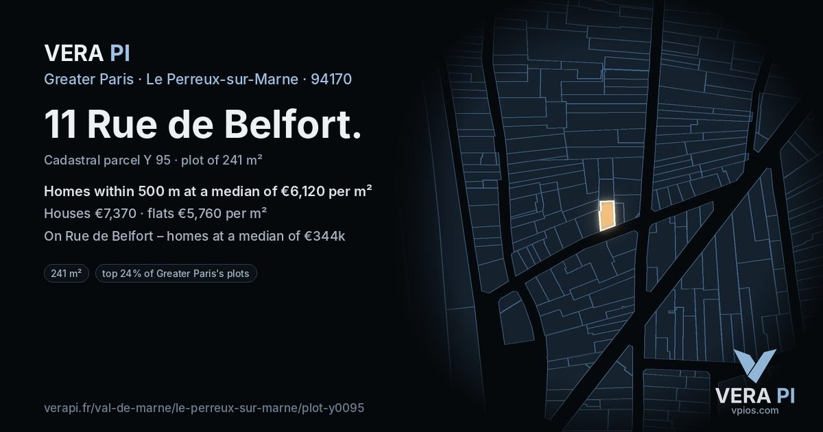 11 Rue de Belfort, Le Perreux-sur-Marne at night – the plot lit, the parcels around coloured by the prices near them