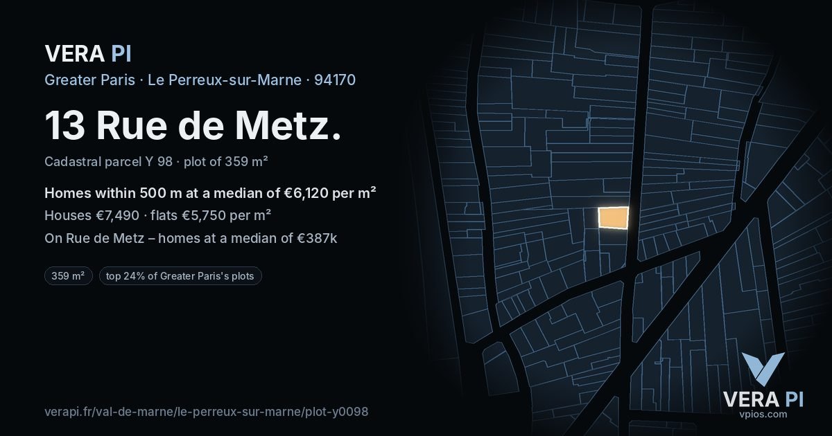13 Rue de Metz, Le Perreux-sur-Marne at night – the plot lit, the parcels around coloured by the prices near them