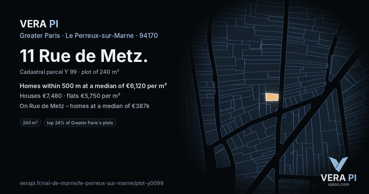 11 Rue de Metz, Le Perreux-sur-Marne at night – the plot lit, the parcels around coloured by the prices near them
