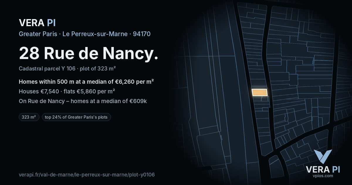 28 Rue de Nancy, Le Perreux-sur-Marne at night – the plot lit, the parcels around coloured by the prices near them