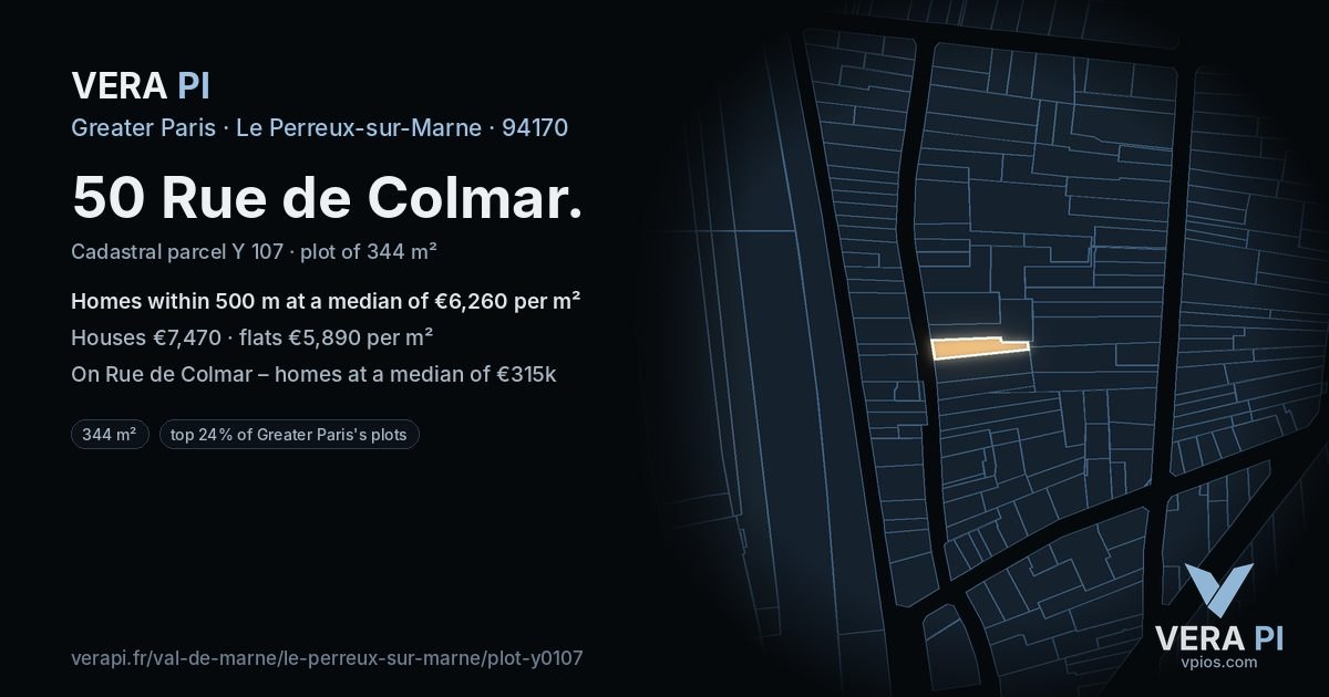 50 Rue de Colmar, Le Perreux-sur-Marne at night – the plot lit, the parcels around coloured by the prices near them
