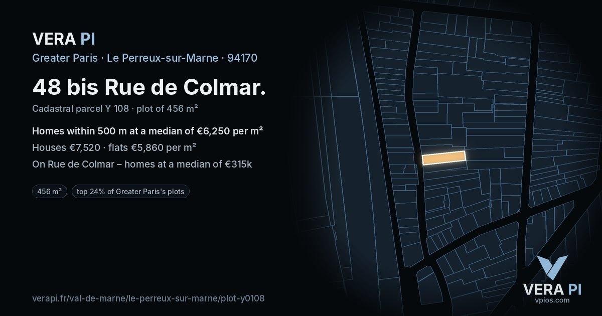 48 bis Rue de Colmar, Le Perreux-sur-Marne at night – the plot lit, the parcels around coloured by the prices near them