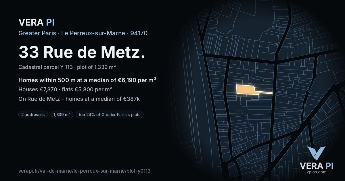 33 Rue de Metz, Le Perreux-sur-Marne at night – the plot lit, the parcels around coloured by the prices near them