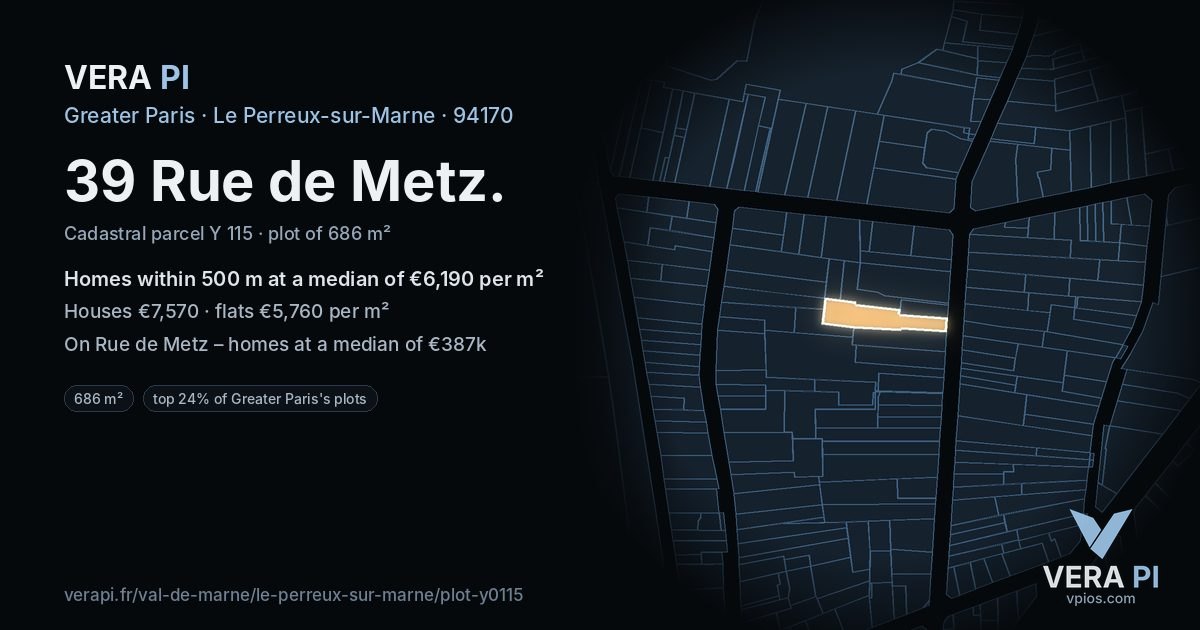 39 Rue de Metz, Le Perreux-sur-Marne at night – the plot lit, the parcels around coloured by the prices near them