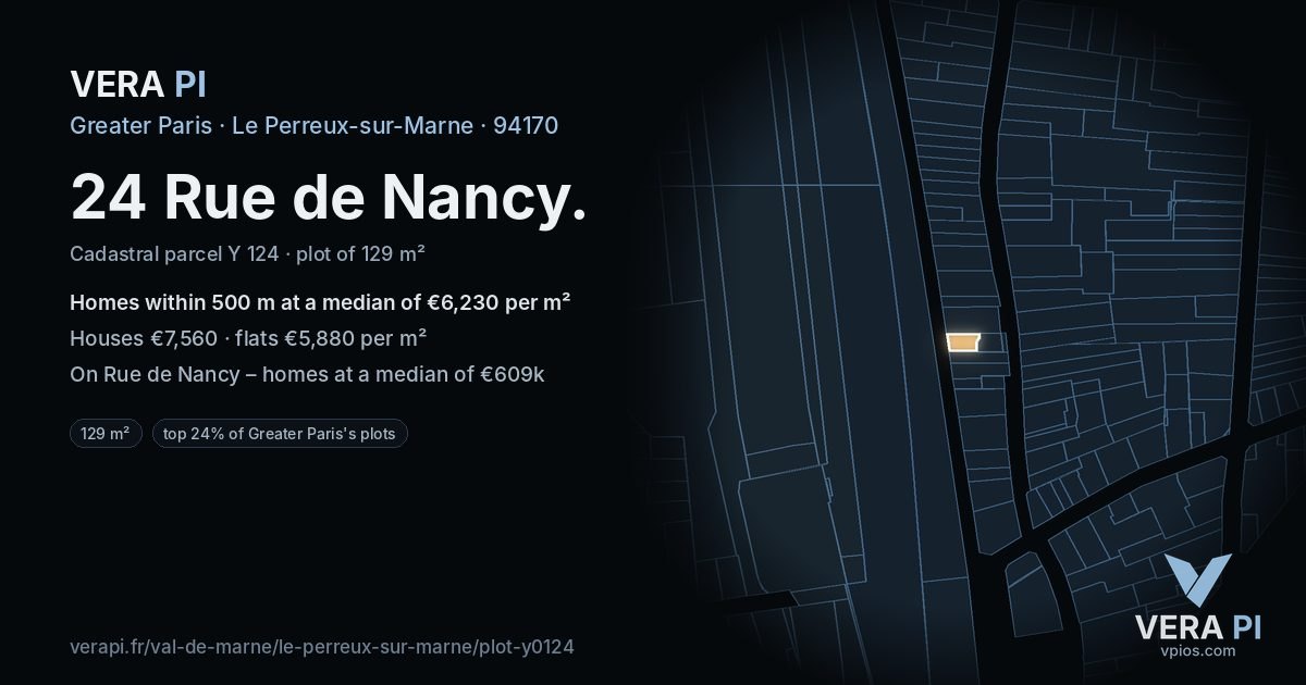 24 Rue de Nancy, Le Perreux-sur-Marne at night – the plot lit, the parcels around coloured by the prices near them
