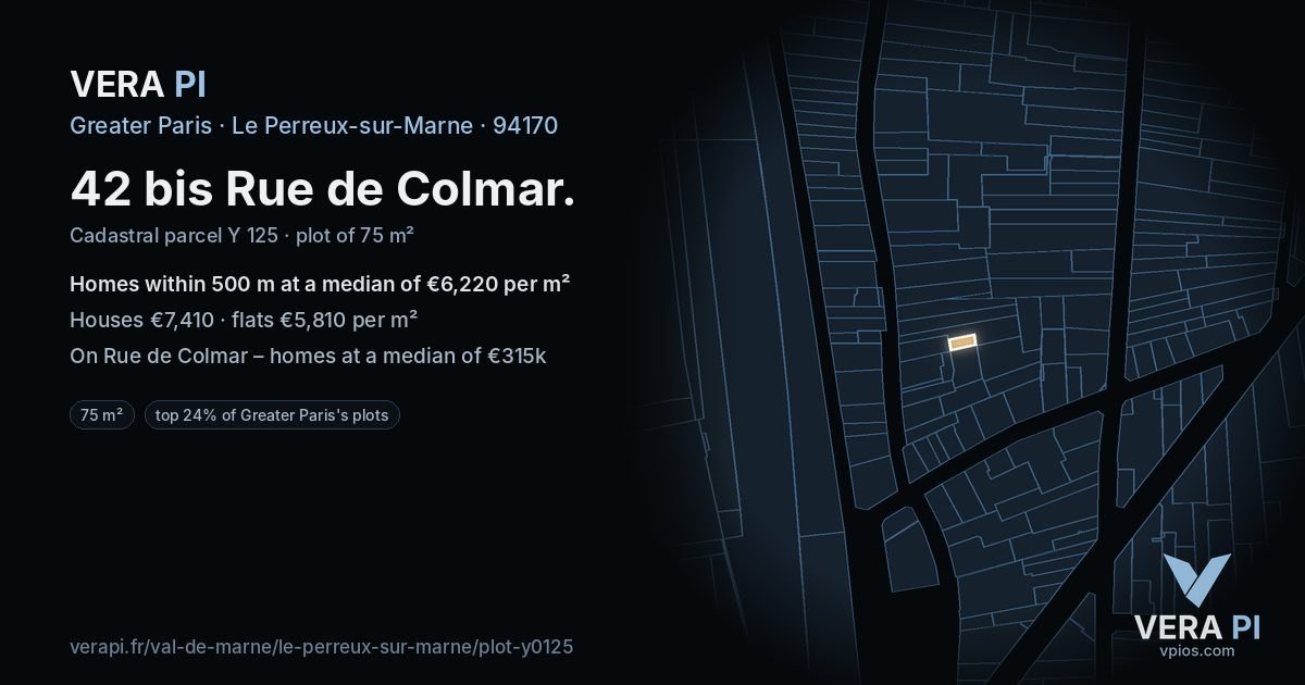 42 bis Rue de Colmar, Le Perreux-sur-Marne at night – the plot lit, the parcels around coloured by the prices near them