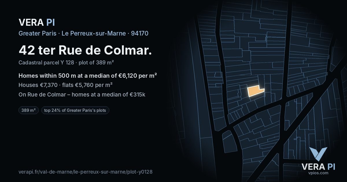 42 ter Rue de Colmar, Le Perreux-sur-Marne at night – the plot lit, the parcels around coloured by the prices near them