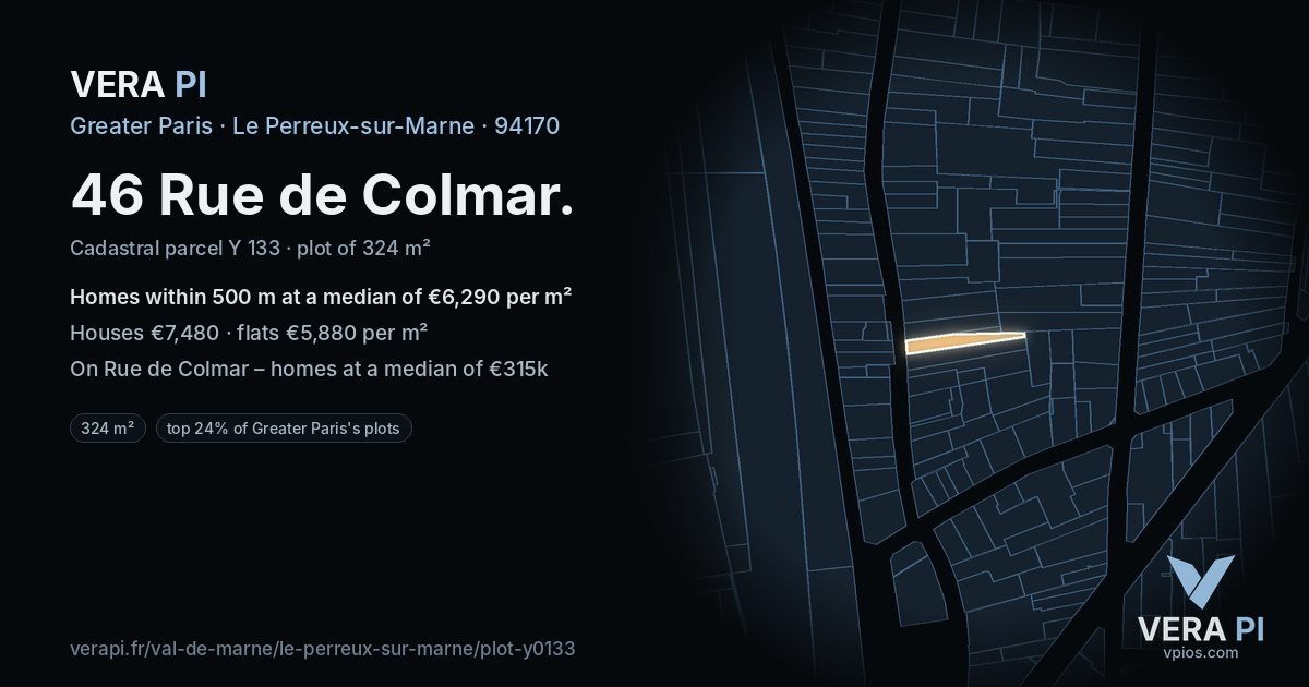 46 Rue de Colmar, Le Perreux-sur-Marne at night – the plot lit, the parcels around coloured by the prices near them