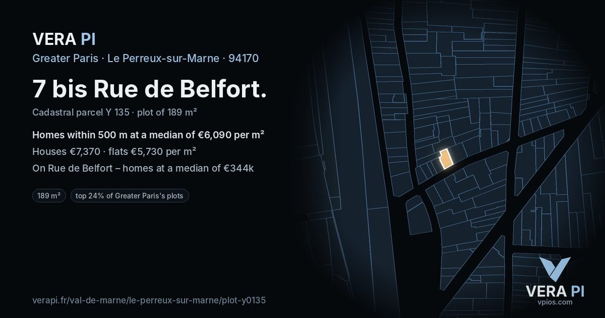 7 bis Rue de Belfort, Le Perreux-sur-Marne at night – the plot lit, the parcels around coloured by the prices near them