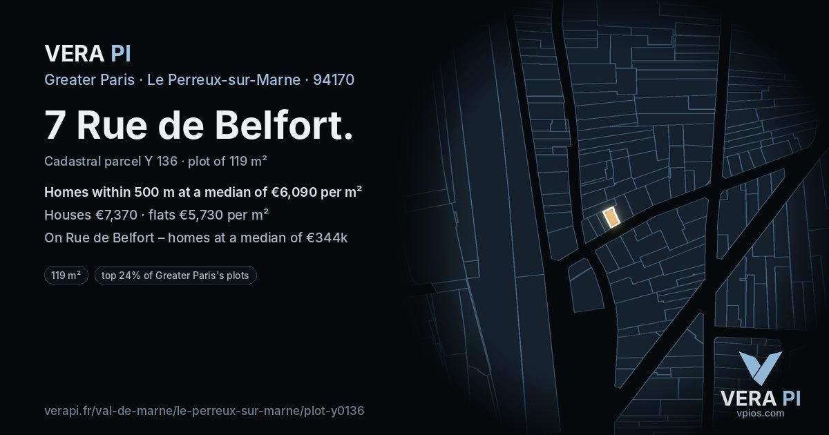 7 Rue de Belfort, Le Perreux-sur-Marne at night – the plot lit, the parcels around coloured by the prices near them