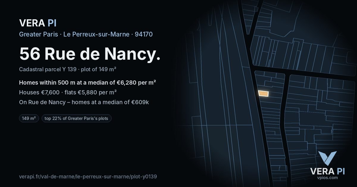 56 Rue de Nancy, Le Perreux-sur-Marne at night – the plot lit, the parcels around coloured by the prices near them