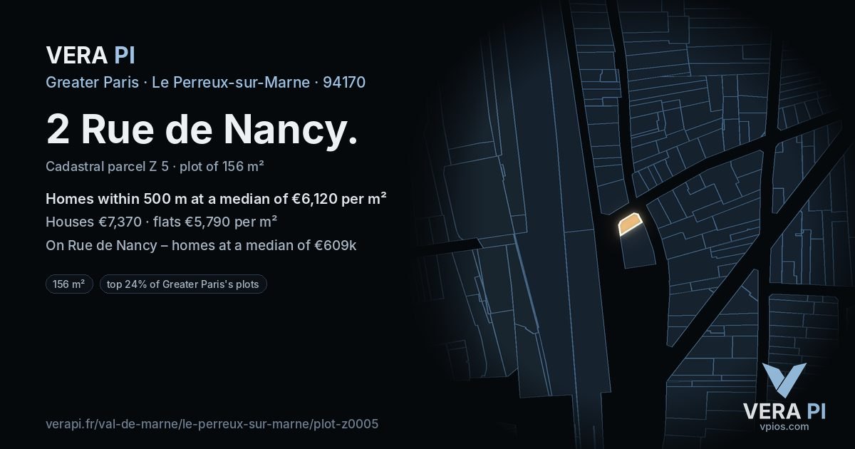 2 Rue de Nancy, Le Perreux-sur-Marne at night – the plot lit, the parcels around coloured by the prices near them