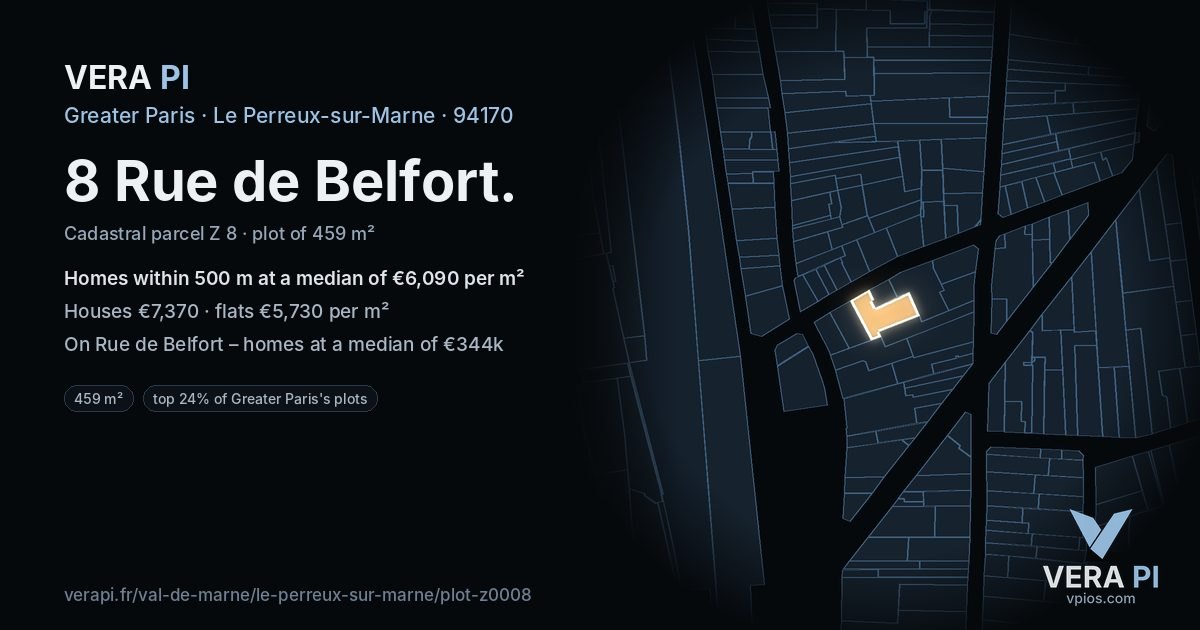 8 Rue de Belfort, Le Perreux-sur-Marne at night – the plot lit, the parcels around coloured by the prices near them