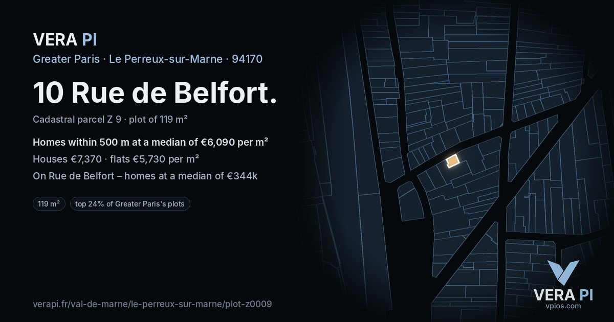 10 Rue de Belfort, Le Perreux-sur-Marne at night – the plot lit, the parcels around coloured by the prices near them
