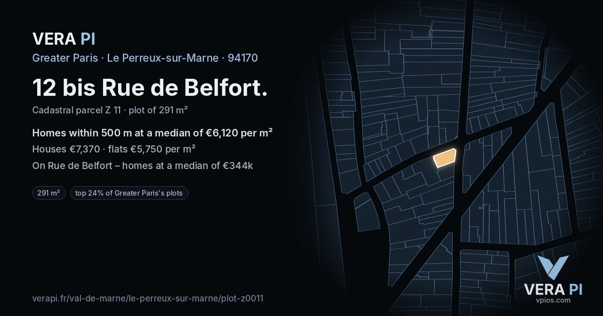 12 bis Rue de Belfort, Le Perreux-sur-Marne at night – the plot lit, the parcels around coloured by the prices near them