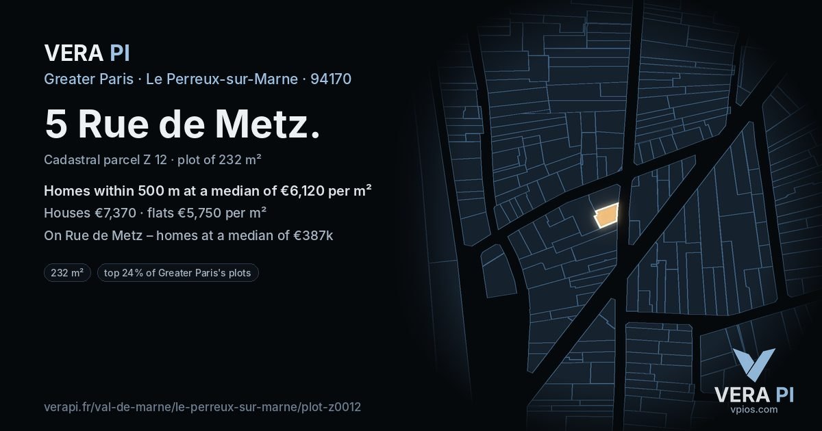 5 Rue de Metz, Le Perreux-sur-Marne at night – the plot lit, the parcels around coloured by the prices near them