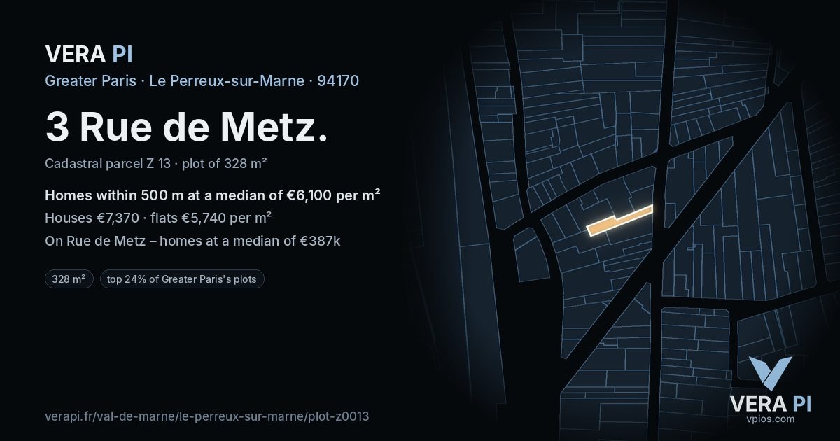 3 Rue de Metz, Le Perreux-sur-Marne at night – the plot lit, the parcels around coloured by the prices near them