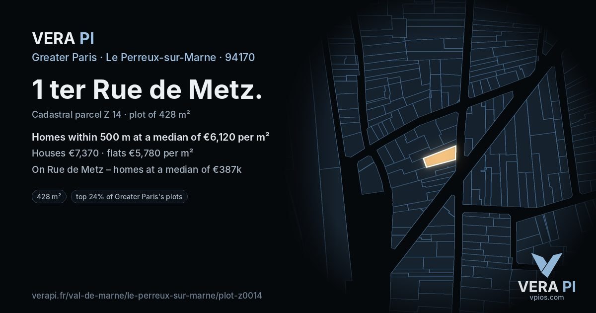 1 ter Rue de Metz, Le Perreux-sur-Marne at night – the plot lit, the parcels around coloured by the prices near them