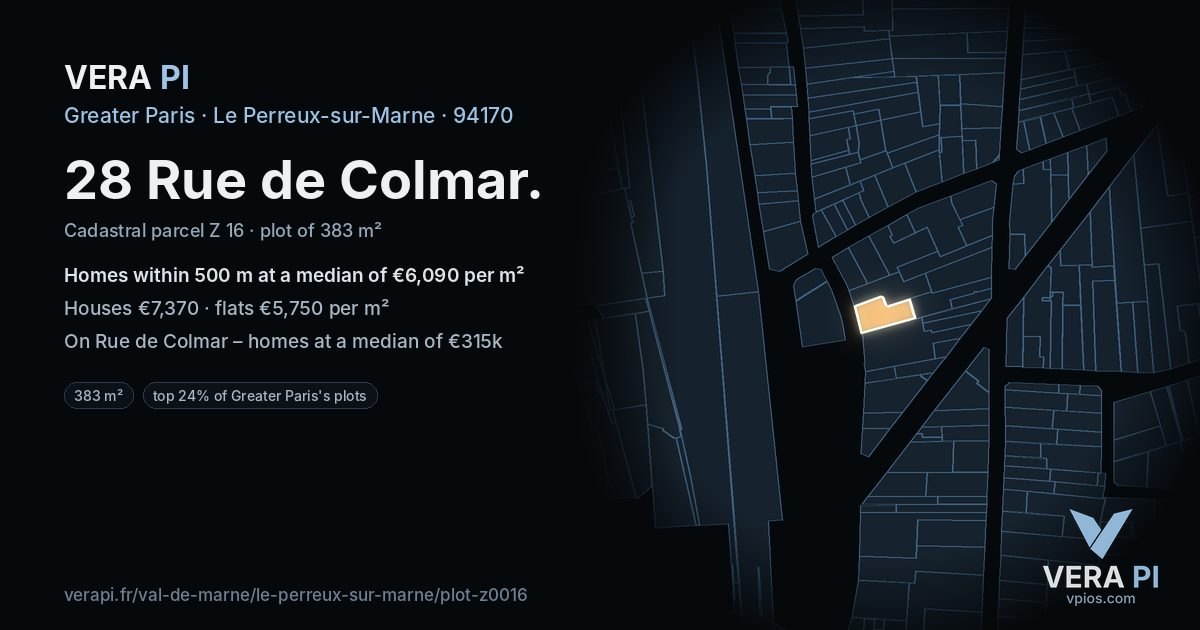 28 Rue de Colmar, Le Perreux-sur-Marne at night – the plot lit, the parcels around coloured by the prices near them