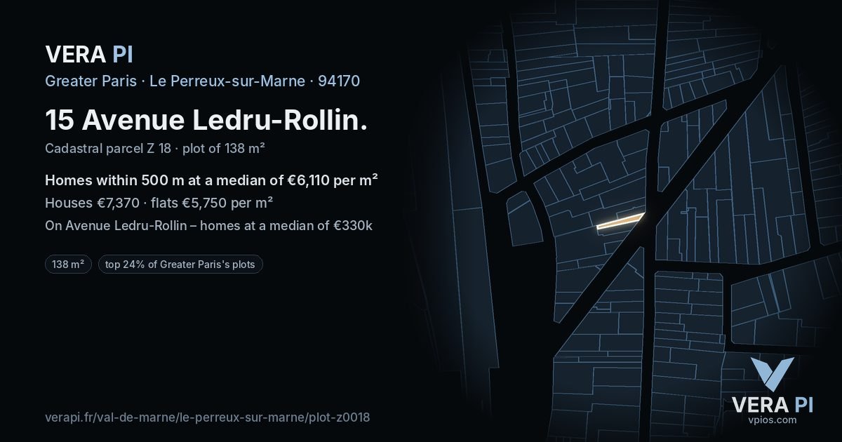 15 Avenue Ledru-Rollin, Le Perreux-sur-Marne at night – the plot lit, the parcels around coloured by the prices near them