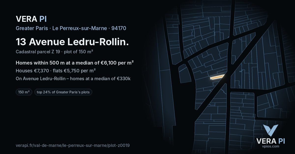 13 Avenue Ledru-Rollin, Le Perreux-sur-Marne at night – the plot lit, the parcels around coloured by the prices near them