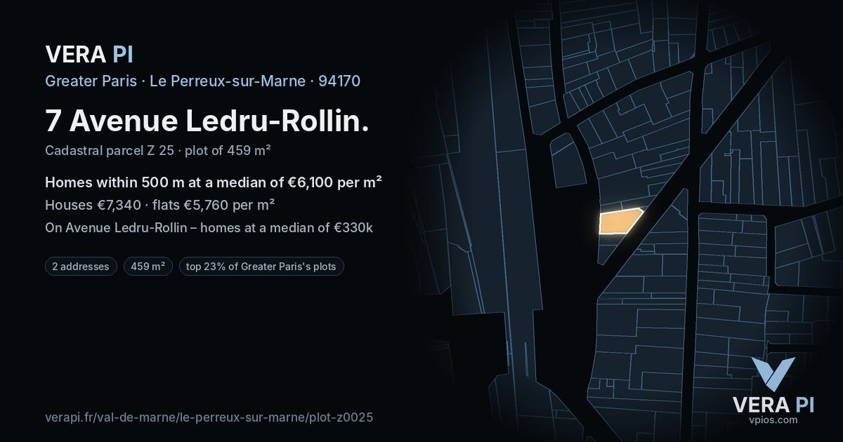 7 Avenue Ledru-Rollin, Le Perreux-sur-Marne at night – the plot lit, the parcels around coloured by the prices near them