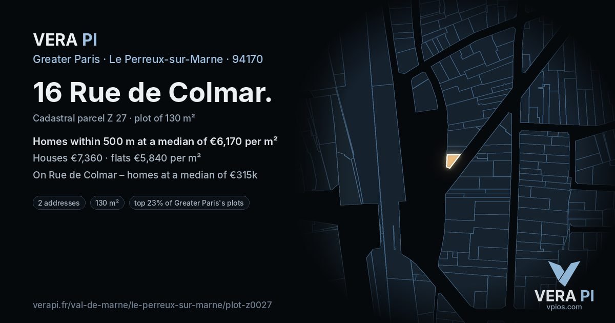 16 Rue de Colmar, Le Perreux-sur-Marne at night – the plot lit, the parcels around coloured by the prices near them