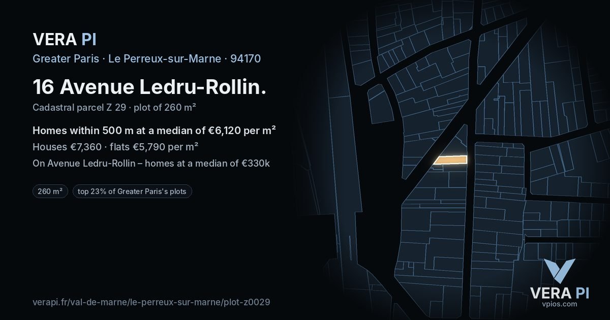 16 Avenue Ledru-Rollin, Le Perreux-sur-Marne at night – the plot lit, the parcels around coloured by the prices near them