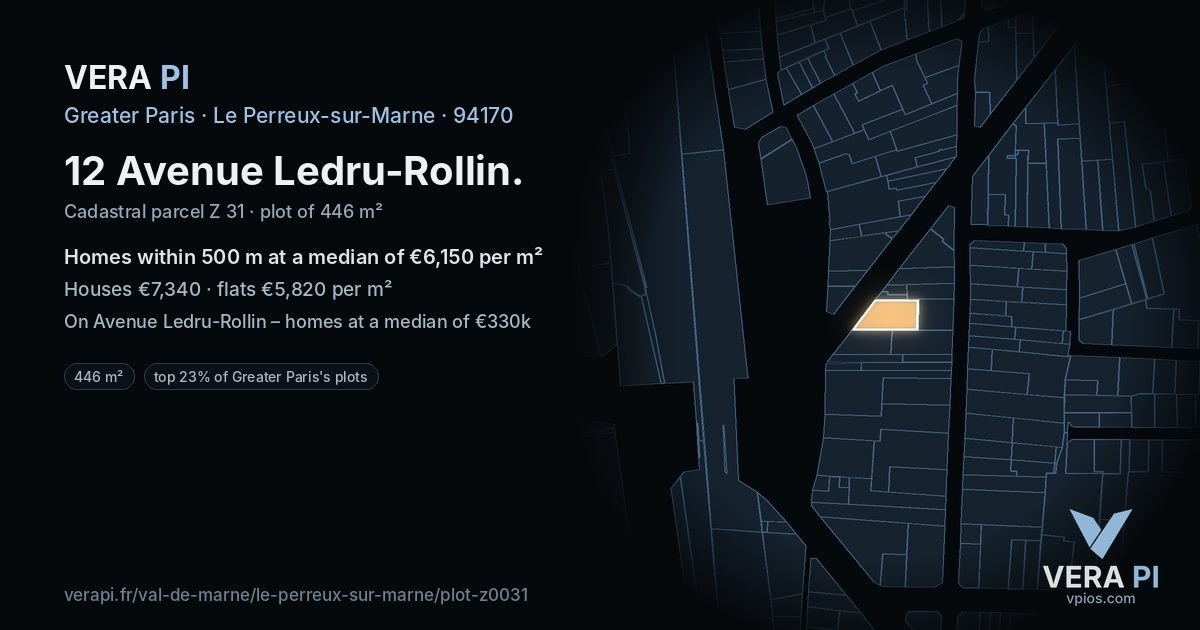 12 Avenue Ledru-Rollin, Le Perreux-sur-Marne at night – the plot lit, the parcels around coloured by the prices near them