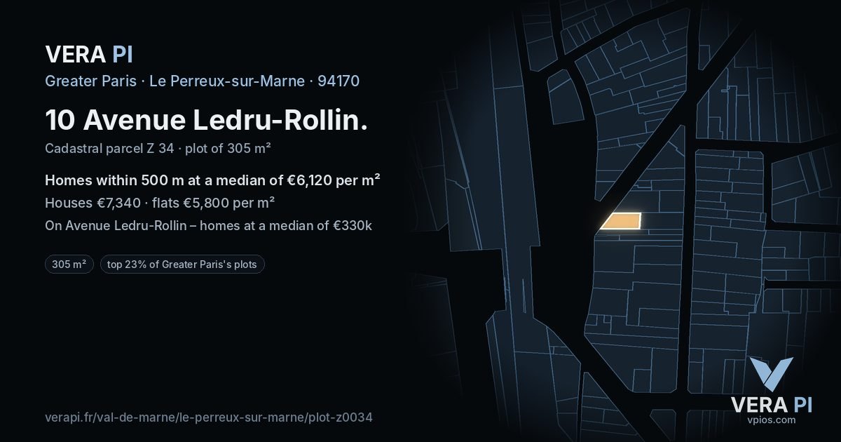 10 Avenue Ledru-Rollin, Le Perreux-sur-Marne at night – the plot lit, the parcels around coloured by the prices near them